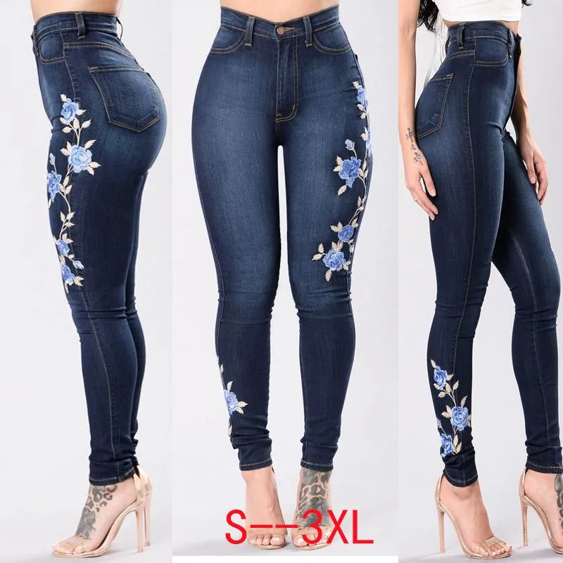 QNPQYX Womens New Arrival Kwiat Haftowane Jeans Moda Kobiety Jakość Denim Pant Blue Slim Dżinsy Rozmiar S-3XL
