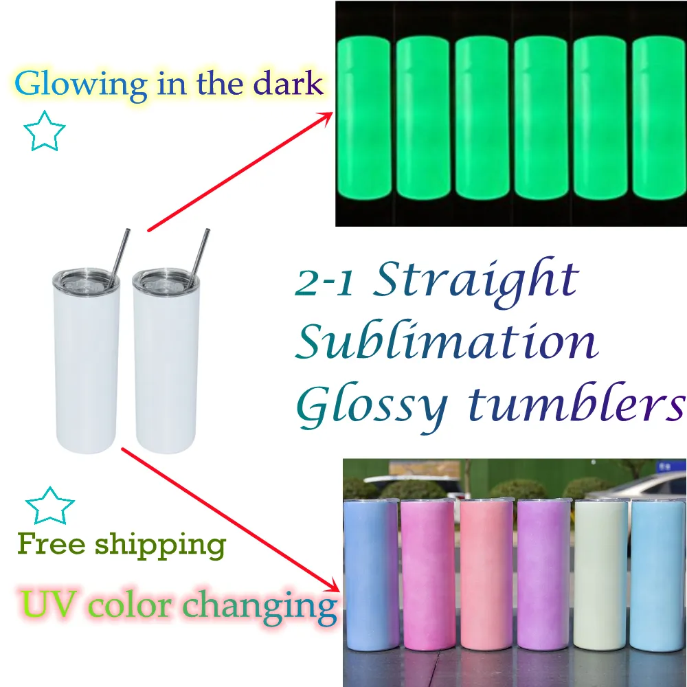 US Warehouse 20oz Straight Sublimation Tumblers UV Color Changing & Dark Glowing with Clear Straws Stainless Steel Double Wall Vacuum Insulated Water Cup B6