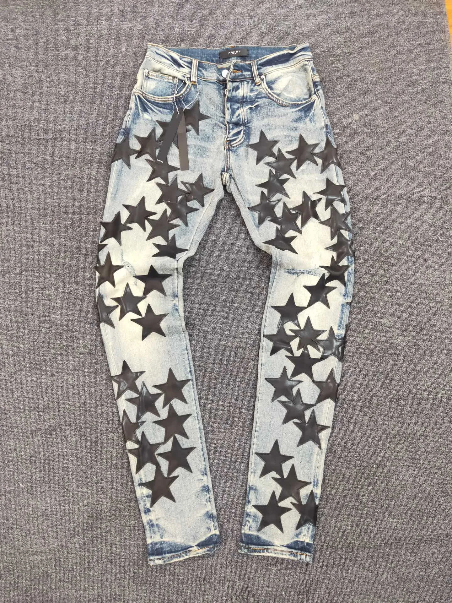 FALECTION MENS 21SS AMIMIKE JEANS DISTRESSED LEATHER STARS PATCH RIPPED DENIM jeans231g