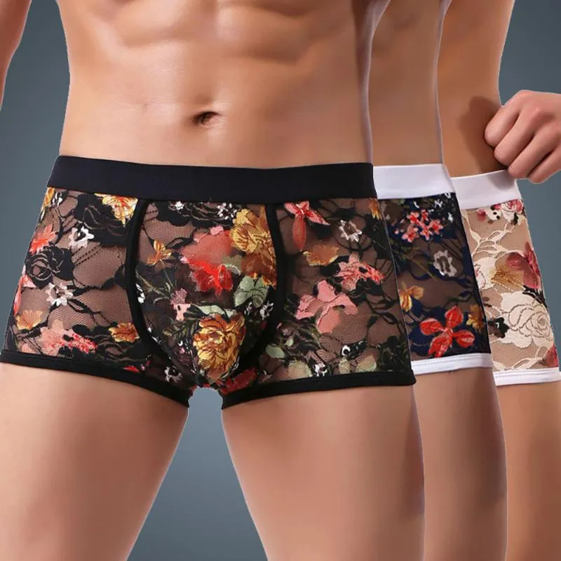 Gym Kläder Mode Mäns Boxer Briefs Lace Printed Panties Mens Black Elastic Andas Underkläder Blomma Tryck Seamless Underbyxor