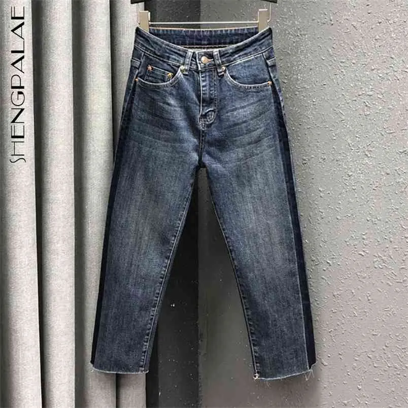 Personalized Side Paneled Jeans Dames Lente Hoge Taille Trend Straight Enkle-length Denim Broek 5b923 210427