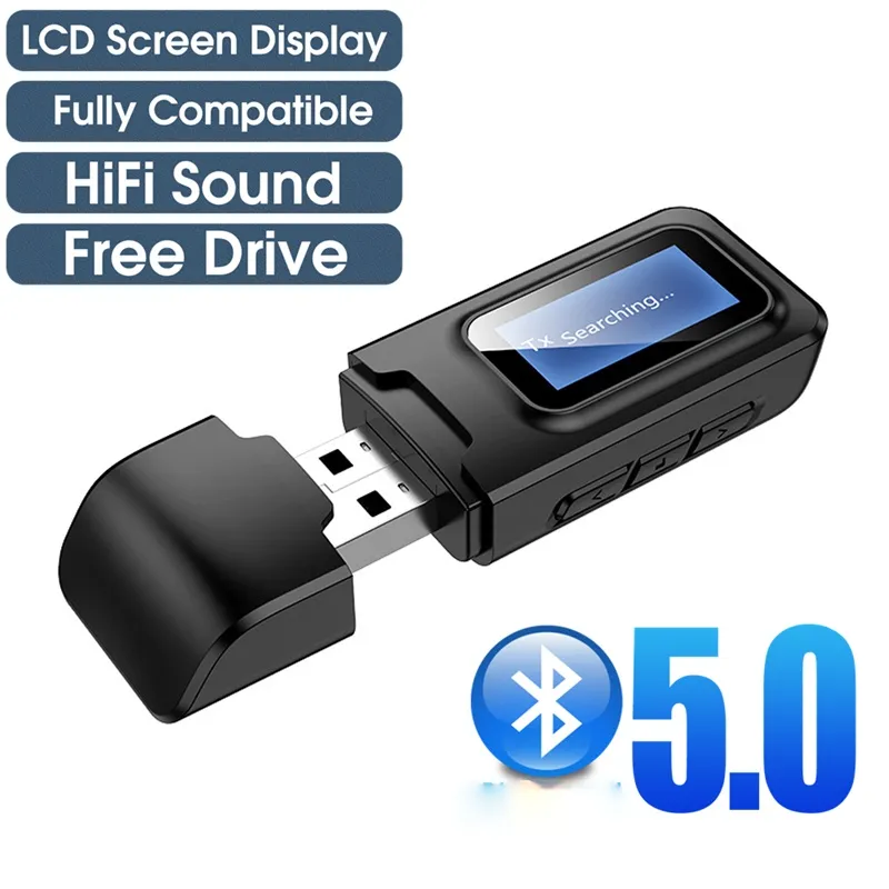 USB Bluetooth Receiver Sändare Audio Bluetooth 5.0 Adapter för bil PC TV HD HiFi Receptor Wireless Adapter LCD 3,5mm AUX
