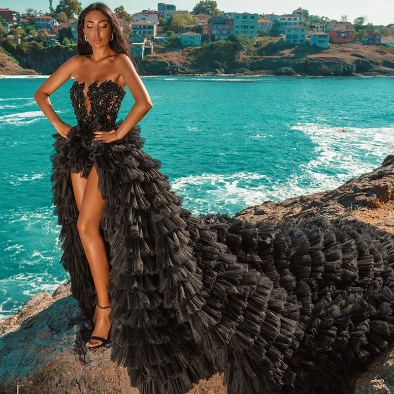 Black high low evening dresses shop taffeta strapless zipper sequin layered pleating
