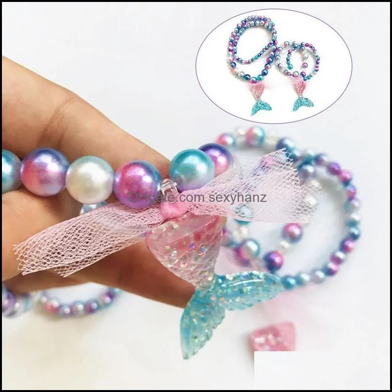 1 Set Fashion Candy Color Bubblegum Beads Necklace Cute Mermaid Tail Pendant Necklace for Kids Girls Party Jewelry Birthday Gift