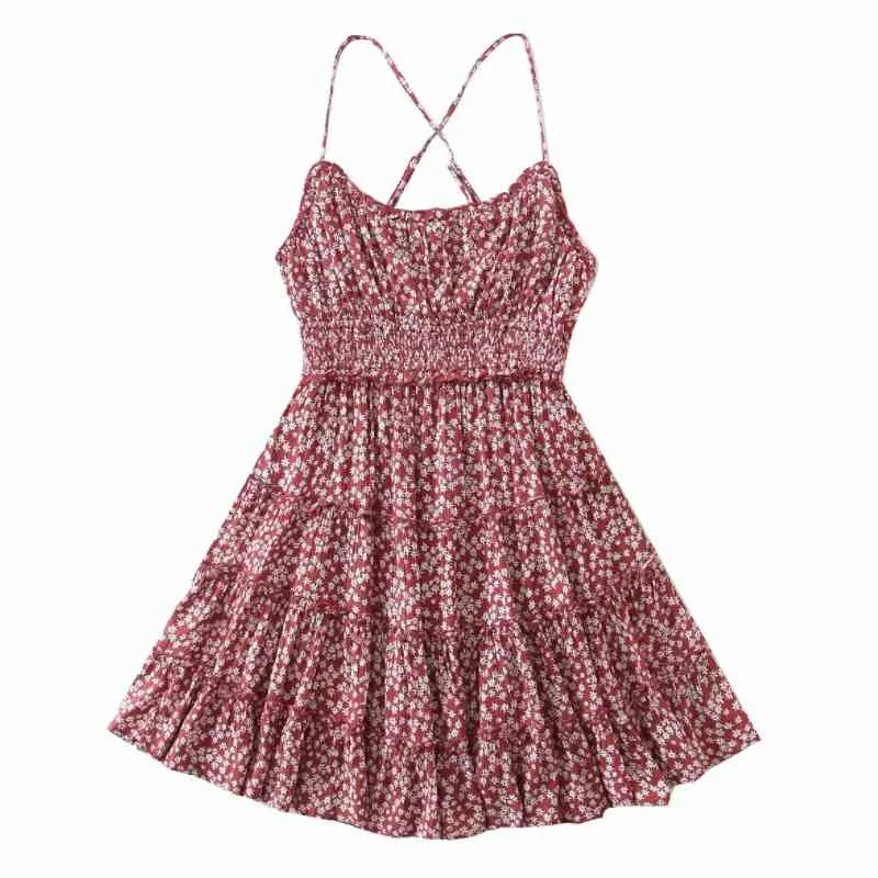 Summer Women Flower Printing Backless Suspender Mini Dress Female Tiered Ruffle Clothes Casual Lady Loose Vestido D7386 210430