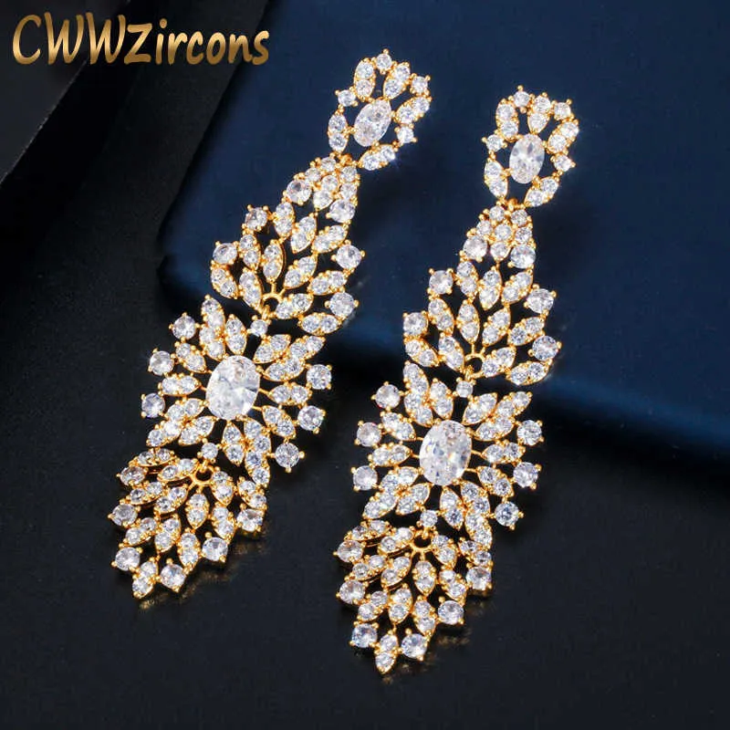 African Cubic Zirconia Paved Elegant Dangle Drop Indian Gold Long Bröllop Bride Örhängen för Kvinnor CZ649 210714