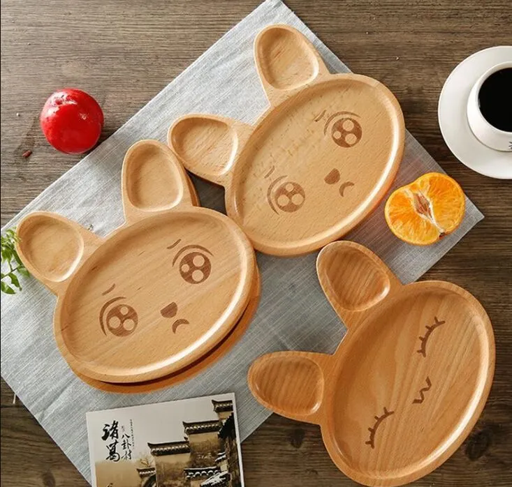 Rabbit Mood Wooden Food Plates Kitchen Tools Cartoon Shape 4 Styles Dinner Tray Eco-friendly Fruit Snack Children Baby Bowl