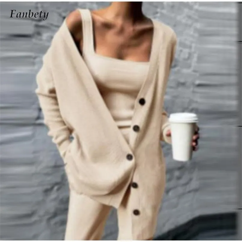 Frauen Drei Stück Set Tank Tops + Lange Strickjacke Mantel + Lange Hose Passende Anzug Herbst Frühling Beiläufige gestrickte Outfit Trainingsanzug Mujer 211109