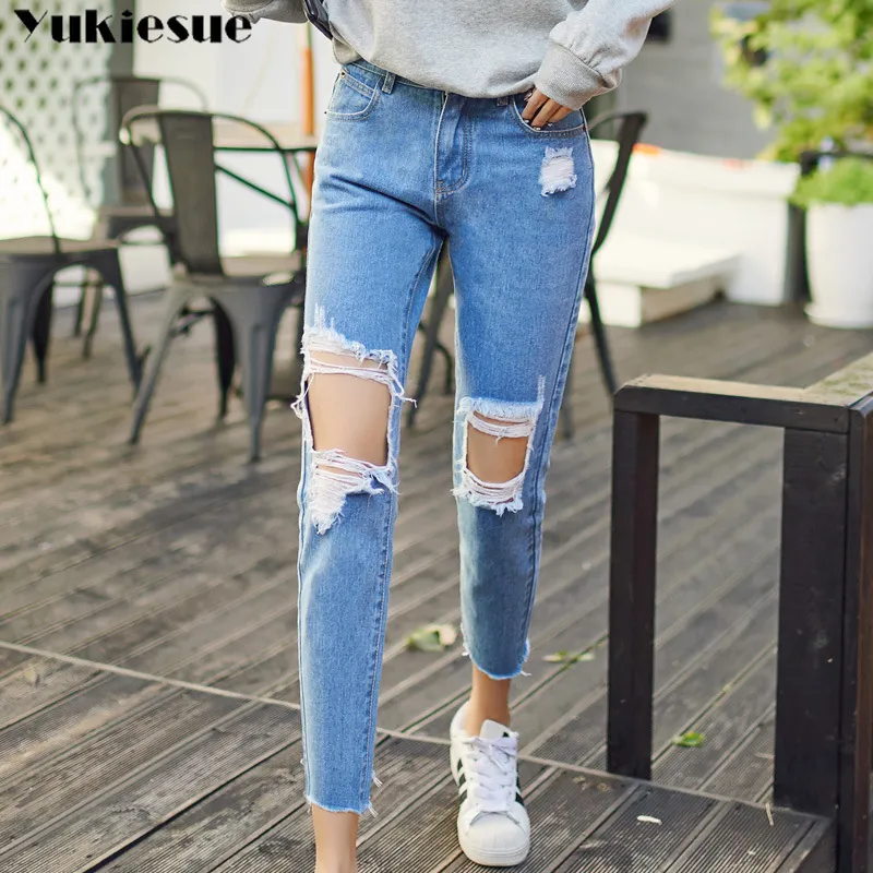 Boyfriend trou dechire jeans femme sarouel cool denim vintage jeans droits pour femmes fille taille haute pantalon decontracte femme 210519