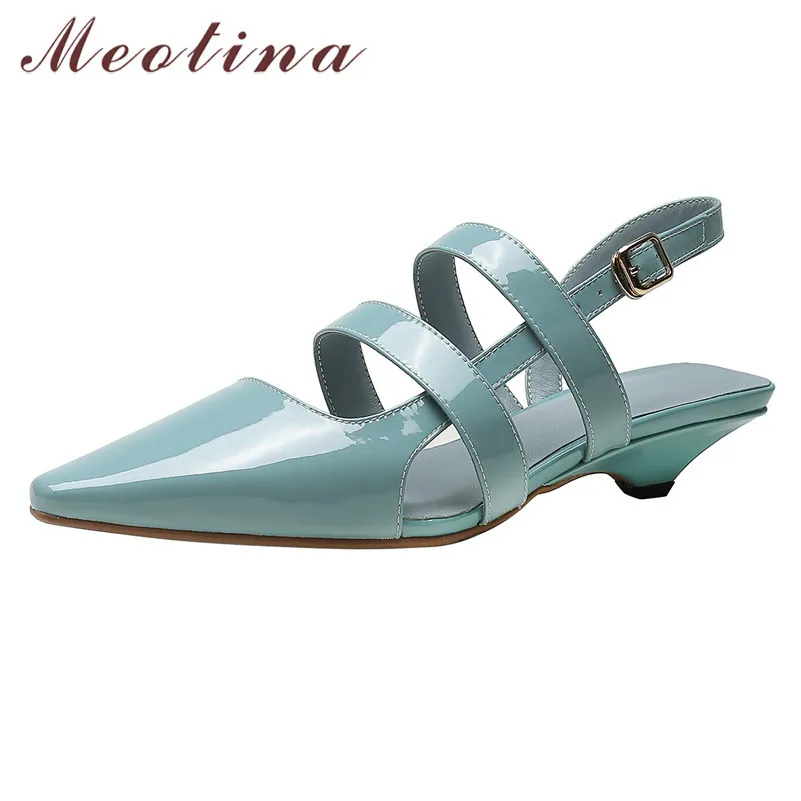 Meotina Women Sandals Pointed Toe Narrow Band Shoes Wedge Heels Fashion Shoes Back Strap Low Heel Sandals Lady Orange Summer 40 210520