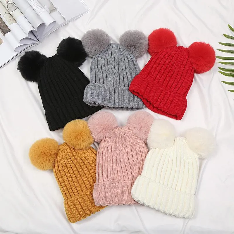 Baby Pompon Bearies Hats Зимние дети вязаные шапочки для девочек мальчики повседневный сплошной цвет череп шляпа малыша шансов