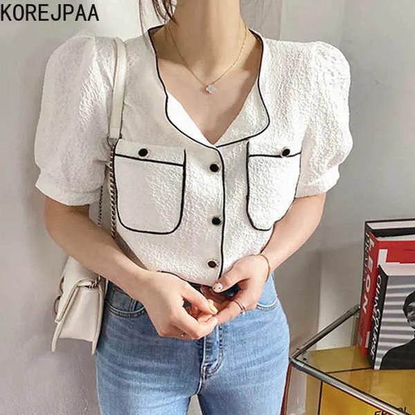 Korejpaa Women Shirt Summer Korean Chic All-Match Design Round Neck Trim Contrast Button Double Pocket Puff Sleeve Blouses 210526