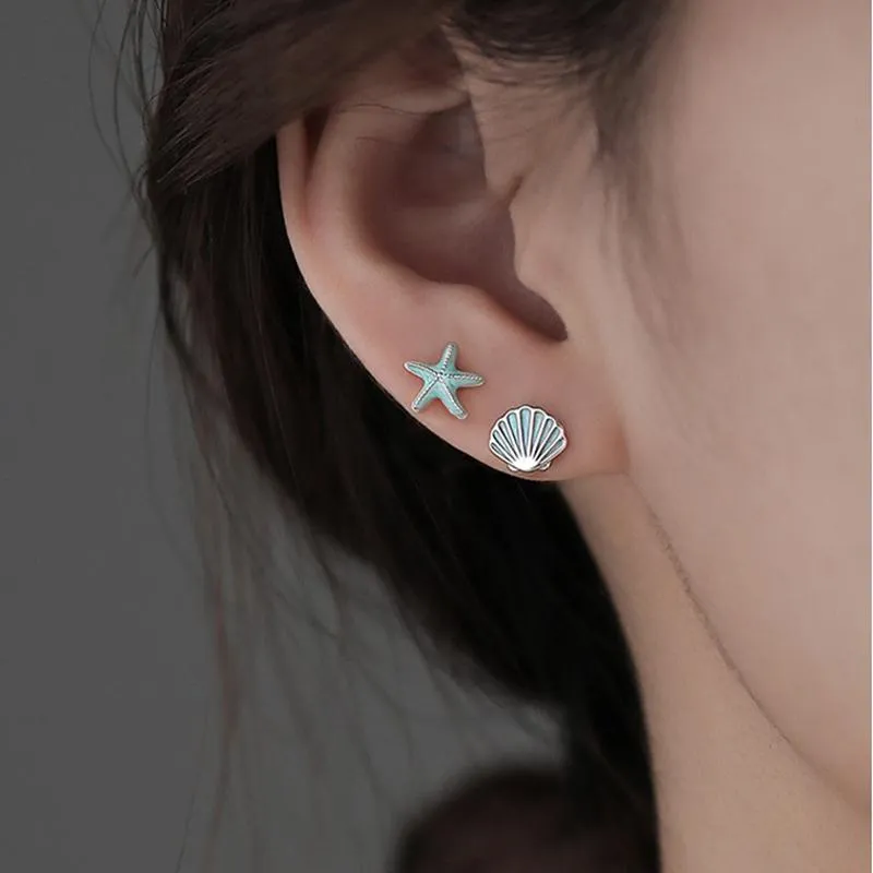 Stud Binmonray 925 Sterling Silver Blue Starfish Shell￶rh￤ngen f￶r Girl Emalj F￤rgglad Asymmetriska Ocean Theme Jewelry