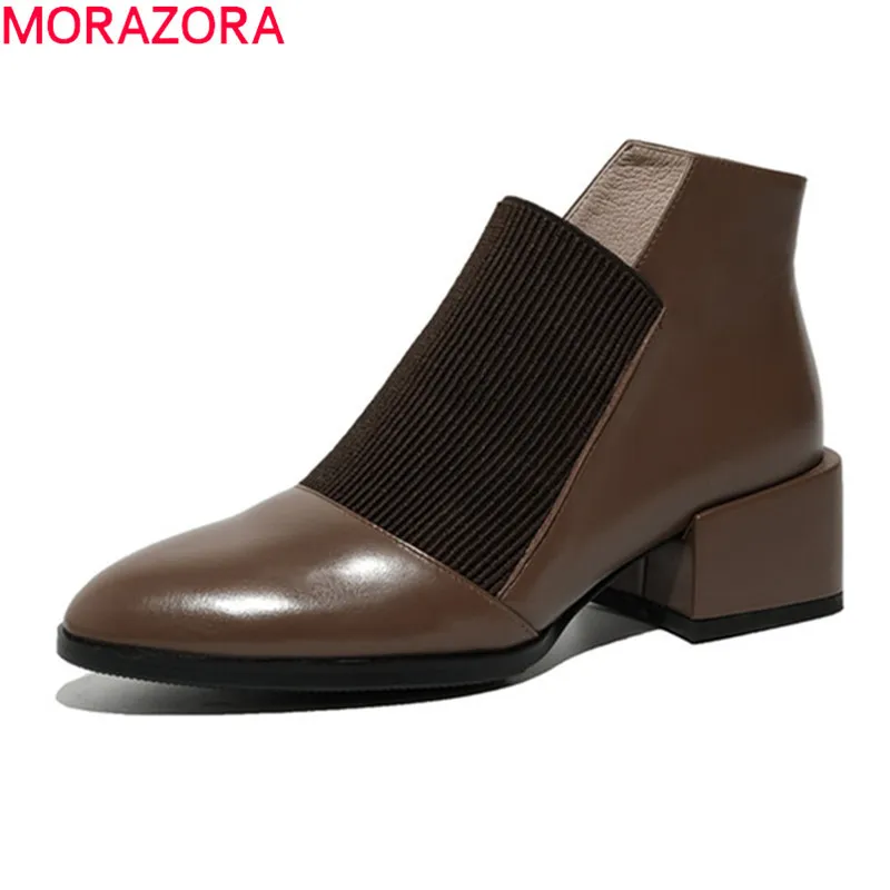 Morazoraの女性ブーツスクエアのかかとの丸いつま先の混合色の女性の靴本物のレザー足首ブーツの女性ブラック210506