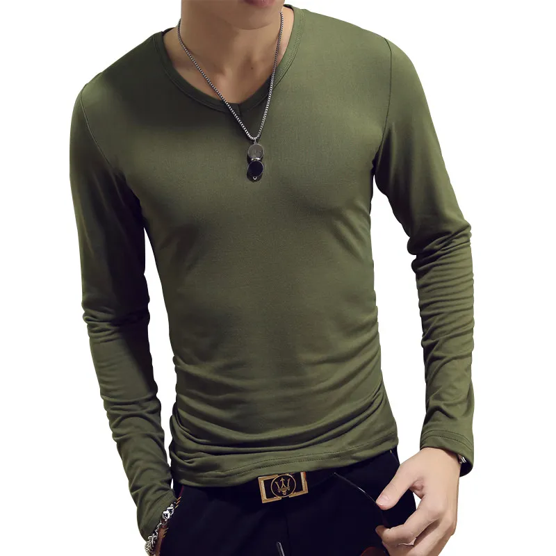 Spring and autumn men's T-shirt long sleeve round neck solid color top bottom coat Korean slim V-neck