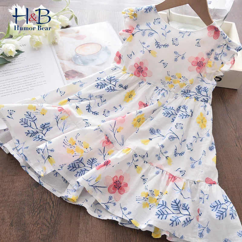 Humor Bär Mädchen Rüschenärmel Kleid Sommer Kostüme Mode Kinder Mode Kleider Süße Blumen Prinzessin Partykleid 3-7Y Q0716