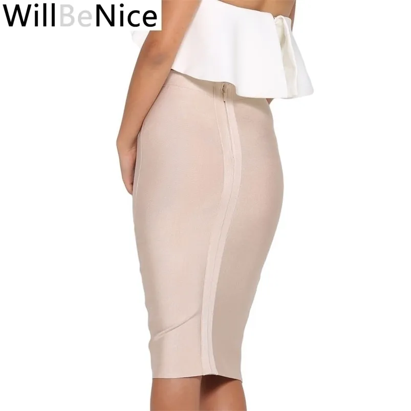 Willbenice sexy bandagem nude roxo branco bodycon bandagem womens joelho comprimento rosa fúcia preto lápis saias 210730