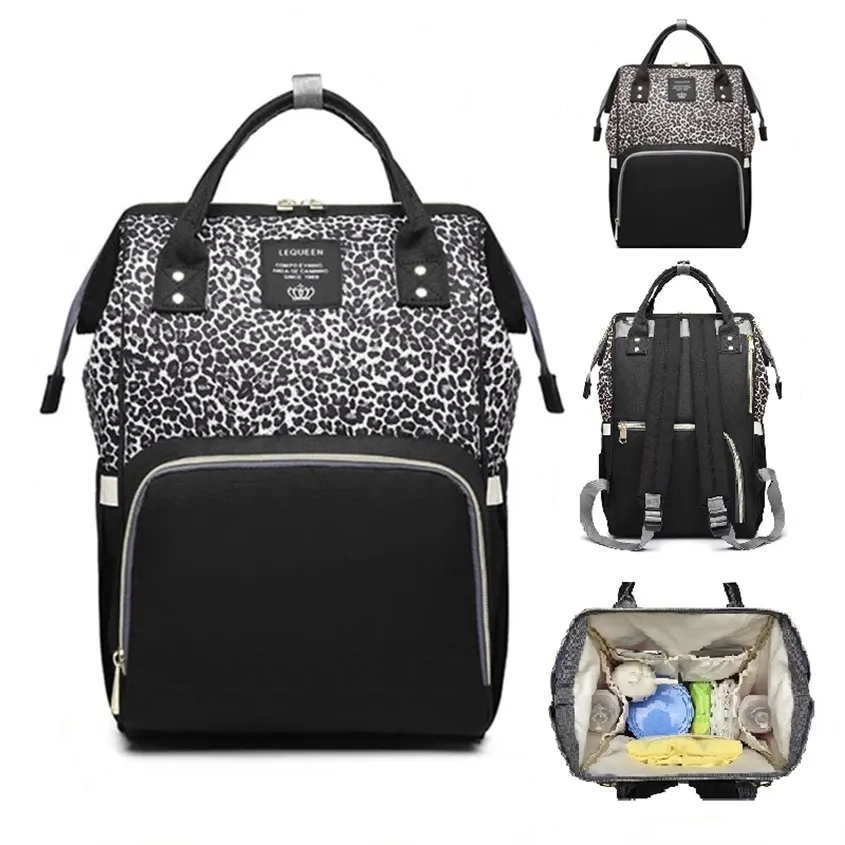 Baby Leopard Diaper Bag Nursing Backpack Fashion Mummy Maternity Mother Brand Travel Blappy Changing Väskor för mamma 220222