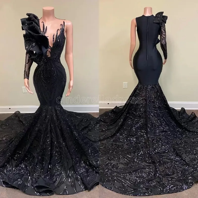 2023 Sexig långa eleganta aftonklänningar sjöjungfrustil singel långärmad svart paljett Applique African Gala Gala Prom Party Gown