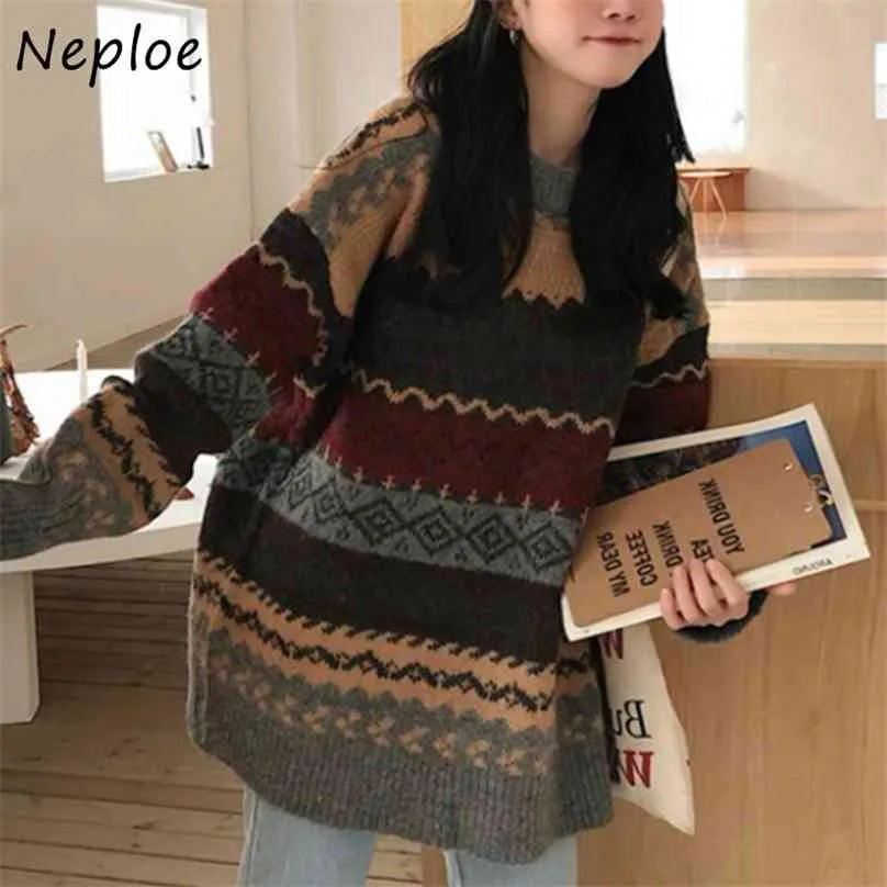 Neploe Vintage Print Sweater Women O Neck Pullover Long Sleeve Pull Femme Autumn Winter Loose Sueter Warm Outwear 210918