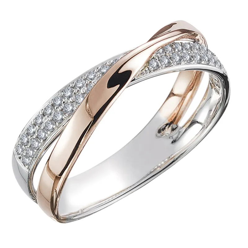 Huitan Neuester frischer zweifarbiger Kreuzring in X-Form für Frauen, Hochzeit, trendiger Schmuck, schillernder CZ-Stein, große moderne Ringe, Anillos