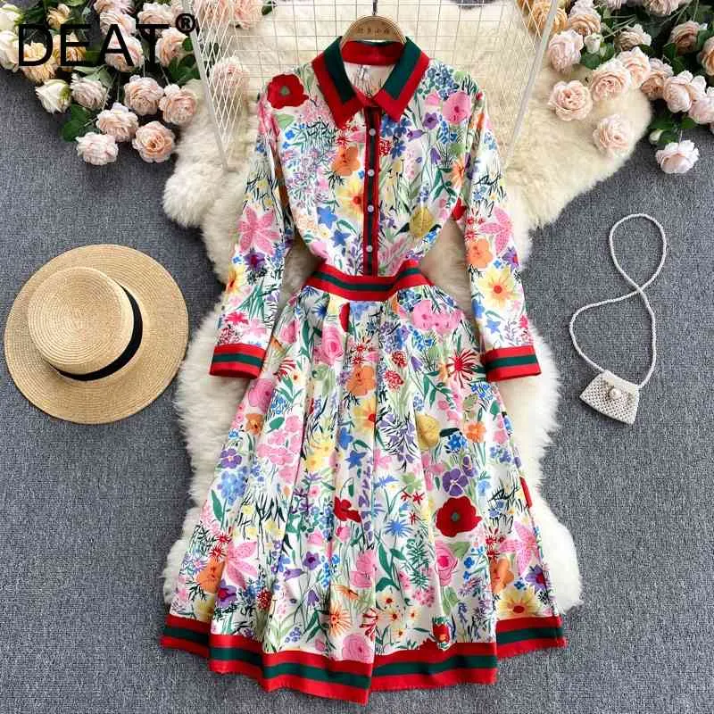 DEAT Spring Summer Fashion Casual Temperament Polo Collar Color Matching Print Slim Dress Women's SK775 210709