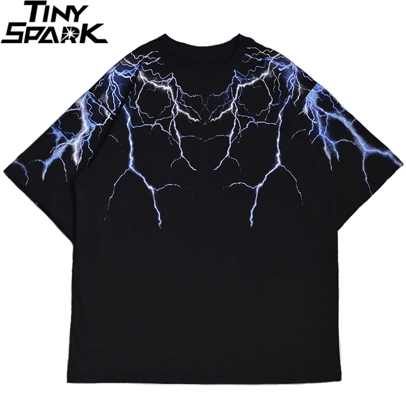 Streetwear Dark Lightning T 셔츠 힙합 남성 Harrajuku Tshirt 짧은 소매 면화 티셔츠 패션 블랙 탑스 티셔츠 220312