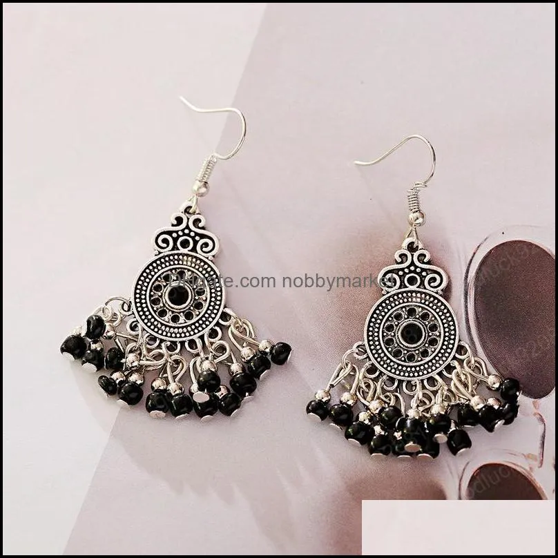 Retro Women`s Blue Beads Tassel Jhumki Earrings Indian Jewelry Ethnic Bohemia Silver Color Alloy Drop Earrings