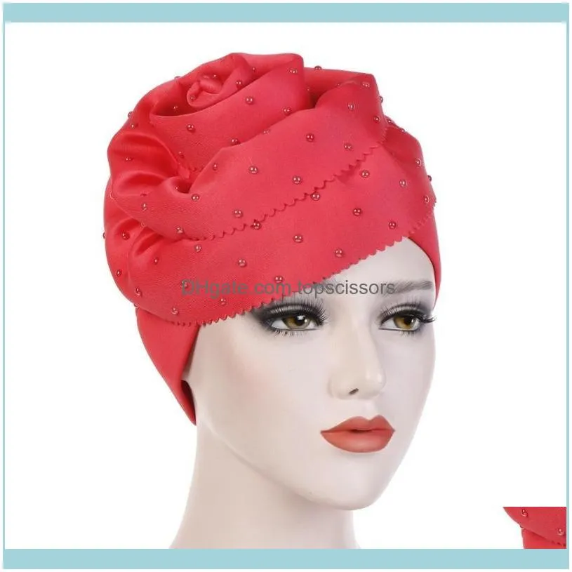 Helisopus 2021 Beaded Oversized Flowers Women Muslim Turban Hat 7 Colors Cotton Cap Head Covers Hijab Hair Accessories1