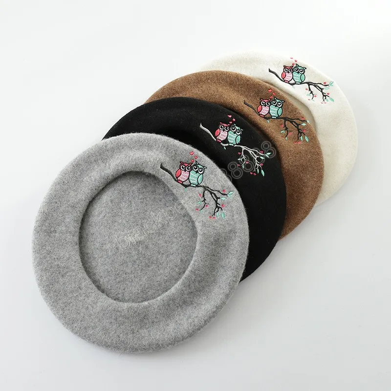 Berretto da berretto in feltro di lana per donna Berretto da pittore ricamato grigio Moda da donna Love Cappelli da artista invernale femminile francese