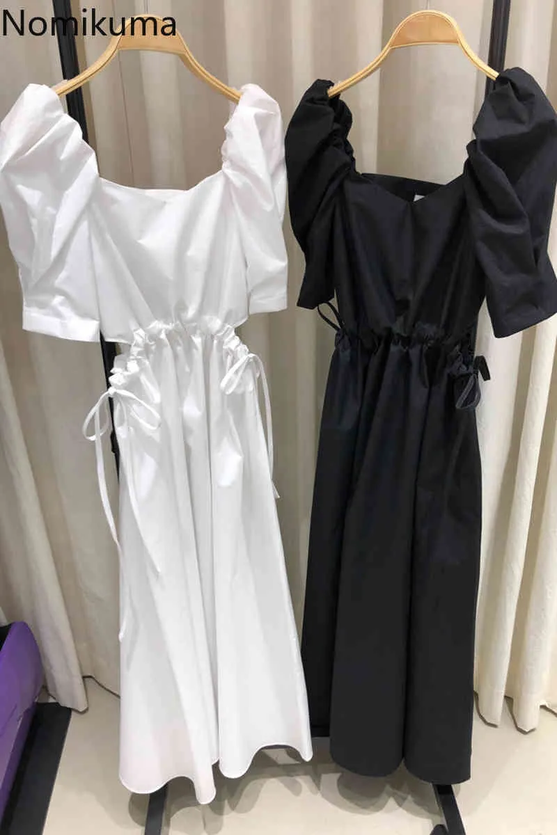 Nomikuma Vestido de Verão Mulheres Cor Sólida Cortar Robe Drawstring Lace Up A Linha Midi Vestidos Estilo Coreano Vestidos Mujer 210514