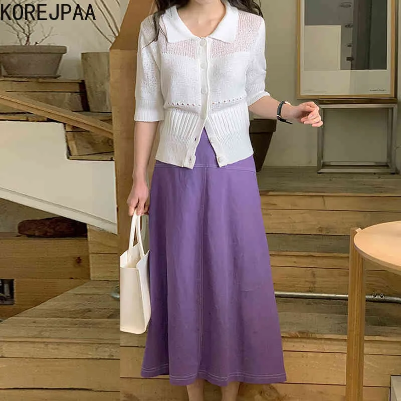여성들은 여름 한국어 세련 된 부드러운 옷깃 싱글 브레스트 얇은 마이크로 투명 니트 스웨터 바이올렛 A 라인 스커트 210514