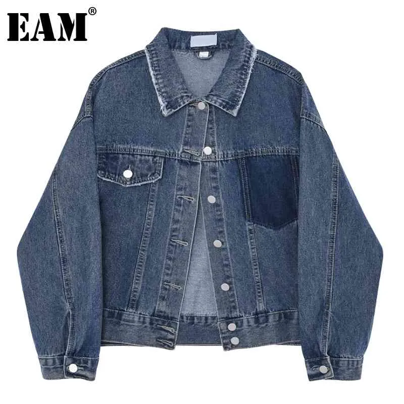 [EAM] Lose Blau Denim Große Größe Tasche Asymmetrische Jacke Revers Lange Hülse Frauen Mantel Mode Frühling Herbst 1DD6889 21512