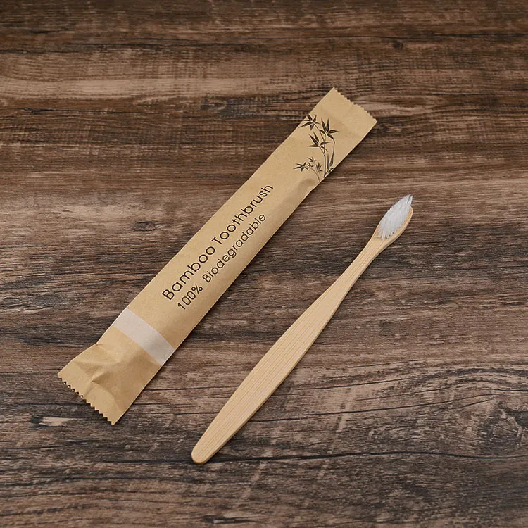 Eco Friendly Bamboo Toothbrush Hotel Travel Flat Handle Bamboo Charcoal Bristles Soft Gingiva Protection Kraft Packaging