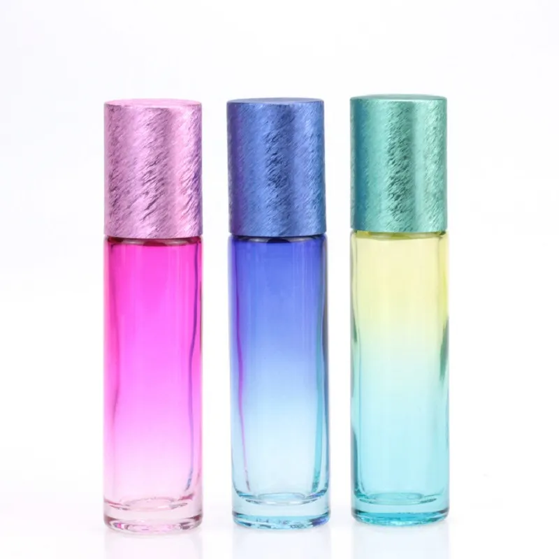 10ml Gradient Color Glass Roll-on Bottles with Stainless Steel Roller Ball, Colorful Brushed Plastic Cap for Essential Oil Perfume