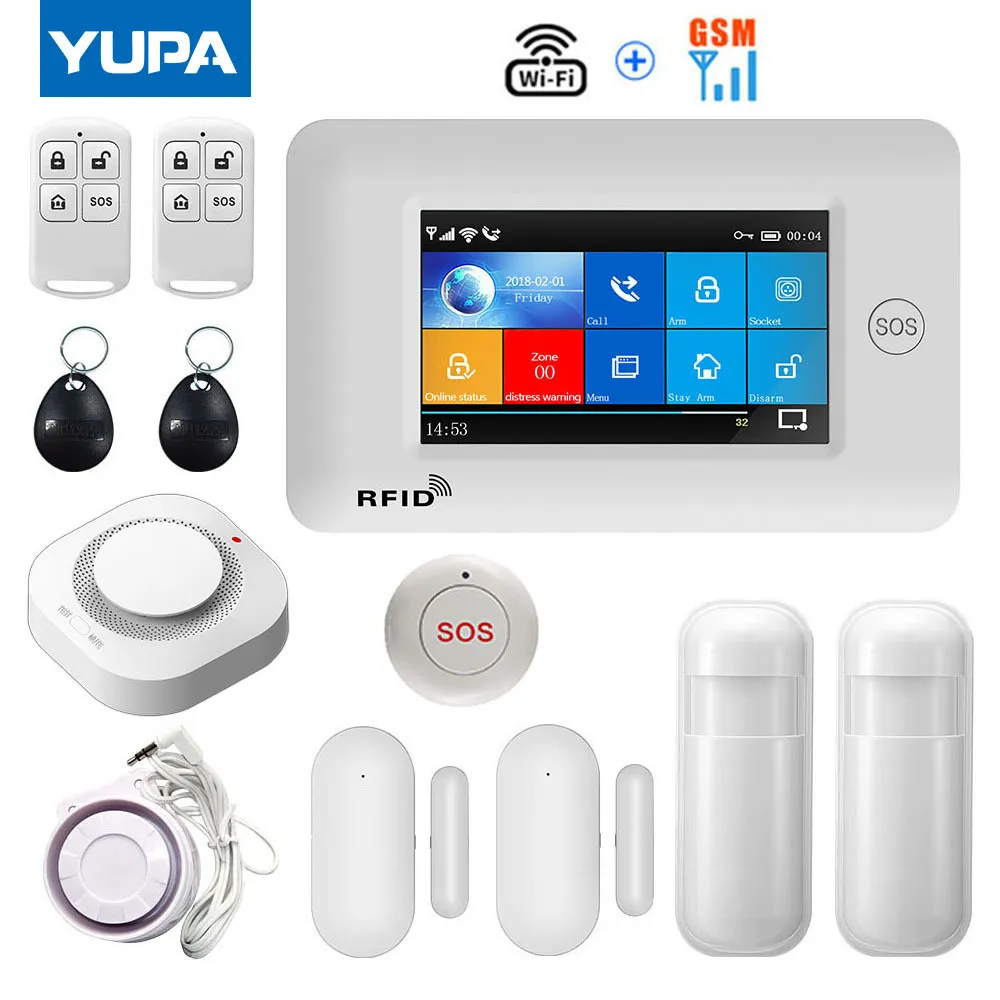 Yupa 4.3Inch Full Touch Screen Wireless 433MHz WIFI GSM Home BURGLAR Säkerhetslarmsystem med rökdetektor SOS-knappsatser