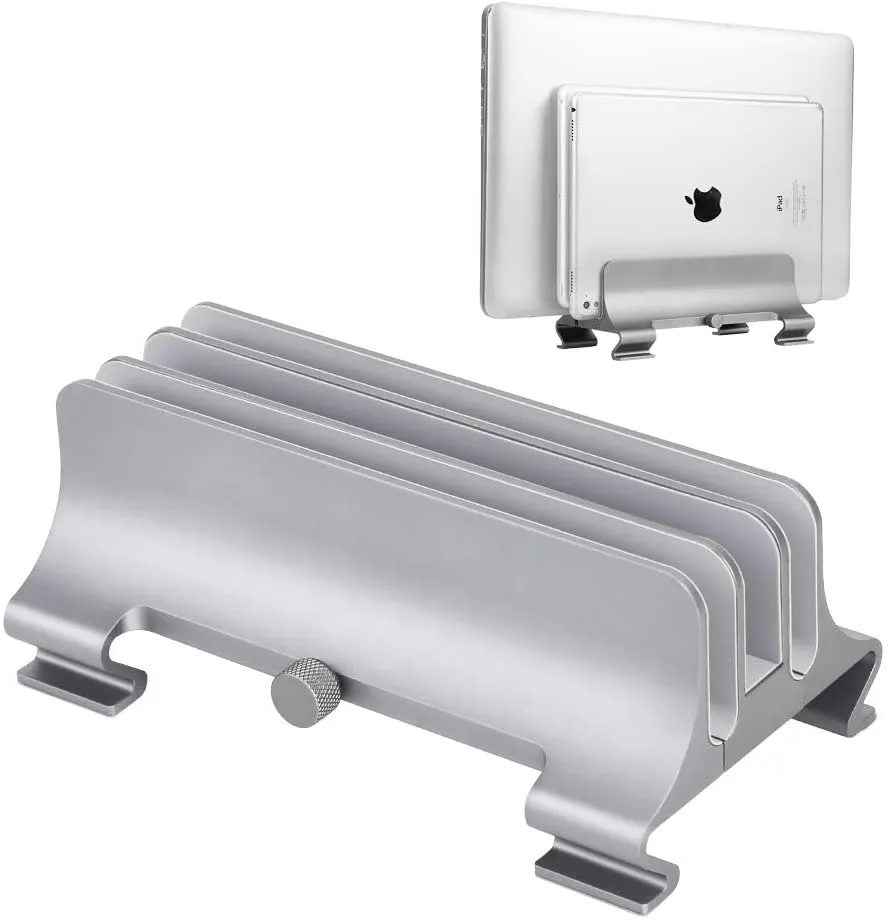 Support vertical pour ordinateur portable en aluminium de qualité supérieure, support de bureau réglable à 3 emplacements pour tous les MacBook/MacBook Pro/MacBook Air, ordinateurs portables et autres tablettes (gris)
