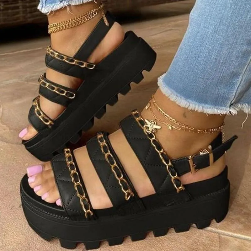 Sandálias verão mulheres moda espessa plataforma de cunha calcanhar sólido xadrez de metal cadeia traseira alça de alça de luz elegante sapatos senhoras 2021