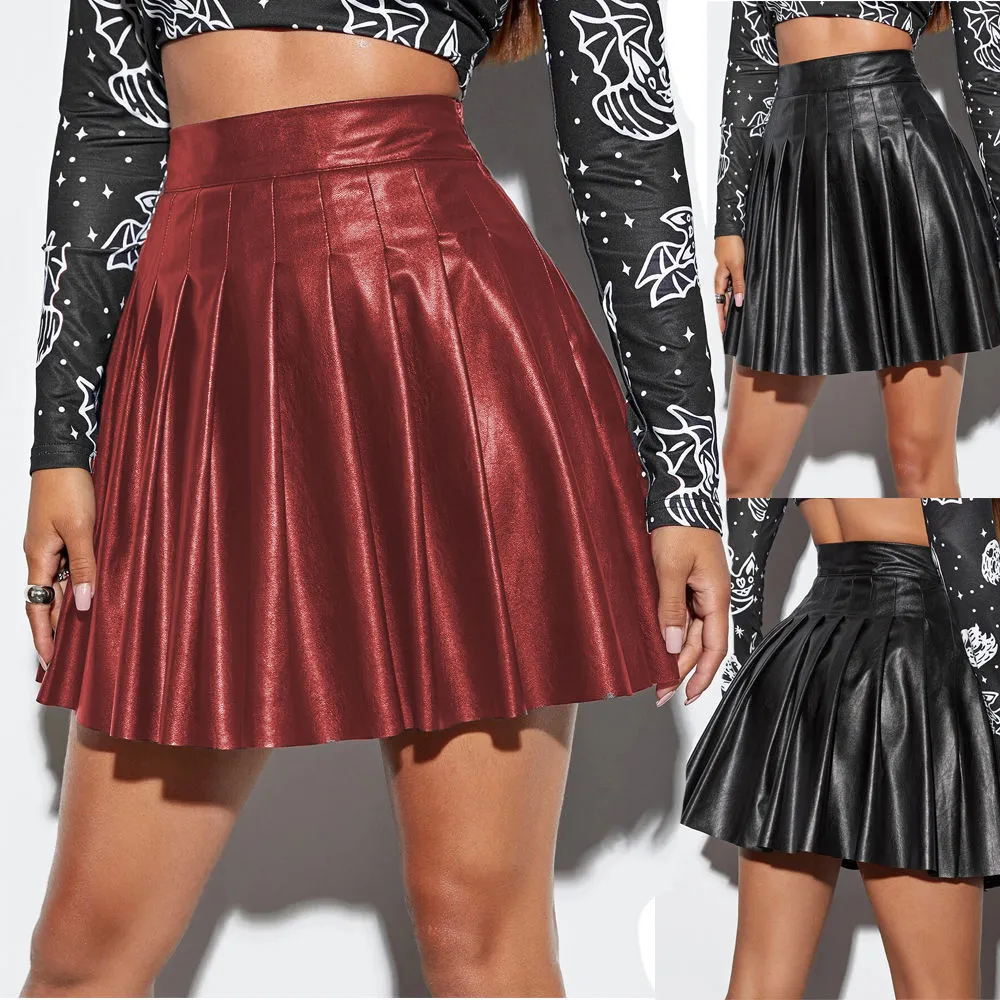 Women High Waist PU Leather Pleated Solid Short Mini Skater Skirt A-Line  School Uniform Flared Plain Skater Skirts - Walmart.com