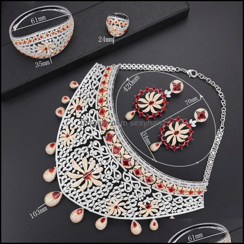 Earrings & Necklace Missvikki Vintage Fashion Luxury Women`s Jewelry Red Austria Crystal Big Bangle Ring Set Charm Female