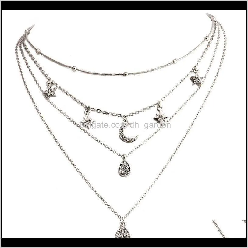 Silver Color Fashion New Arrival Full Moon Pentacle Drop Pendant Women`s Multi - Layer Necklace Jewelry Accessories