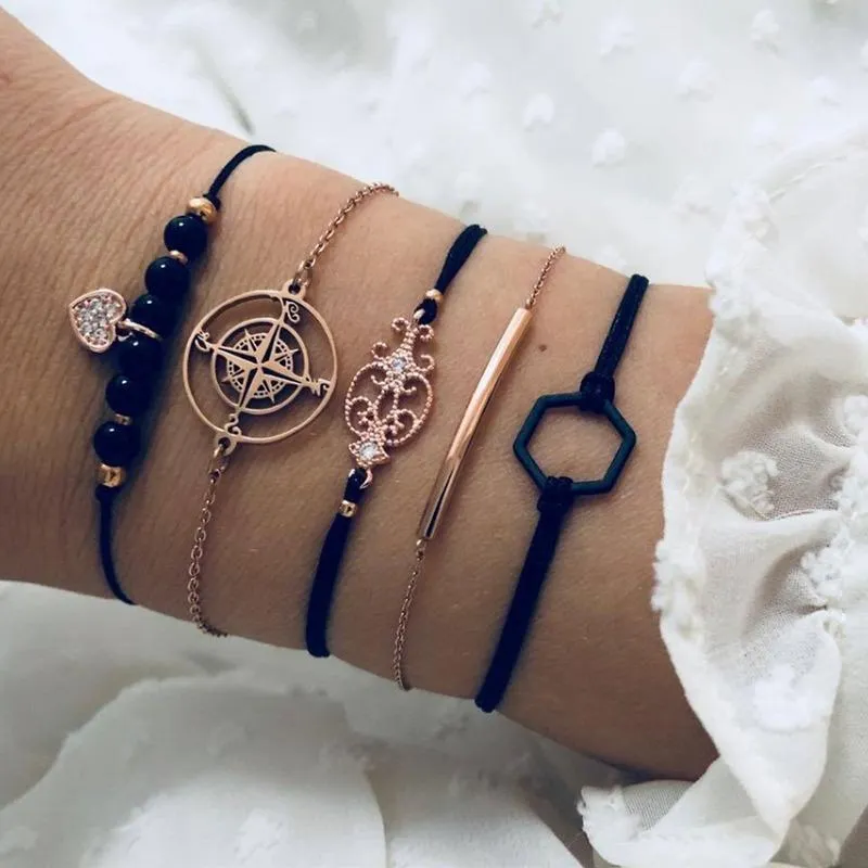 Link, łańcuch 5 sztuk / zestaw Czeski Czarny Lina Złoty Kolor Compass Leaf Crystal Cyrkon Bransoletka Zestaw Dla Kobiet Punk Boho Beach Bangle Biżuteria Prezent