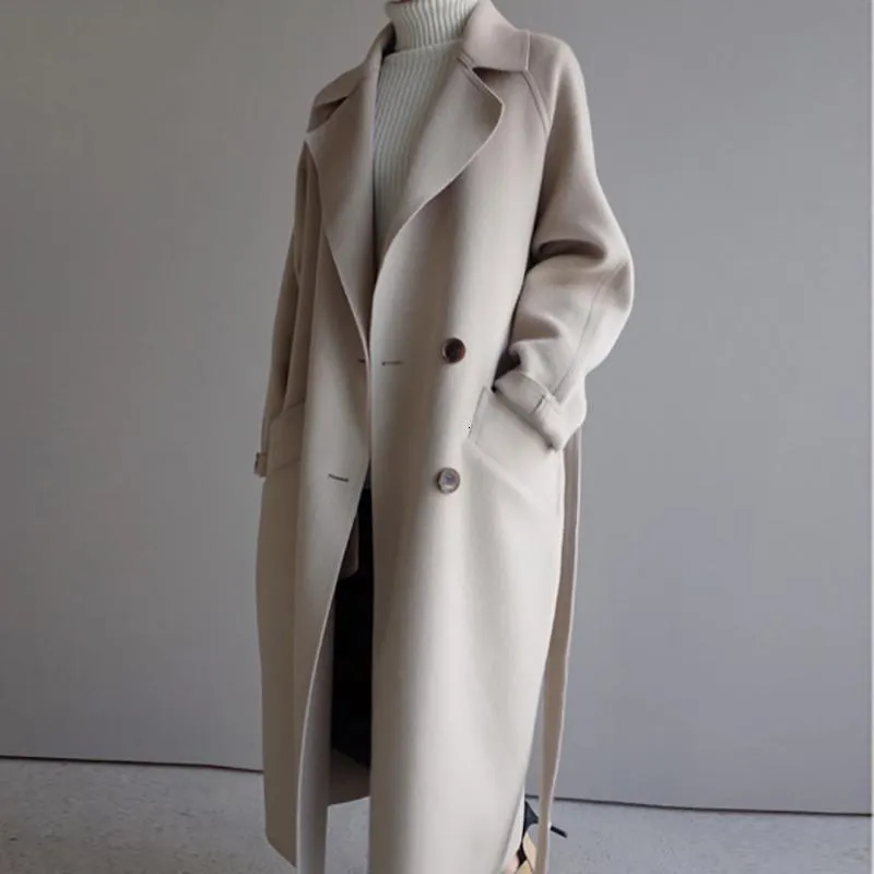 Trench-Coats pour femmes, couleur unie, double face, pardessus en laine, ample, Double boutonnage, Long, hiver 2021