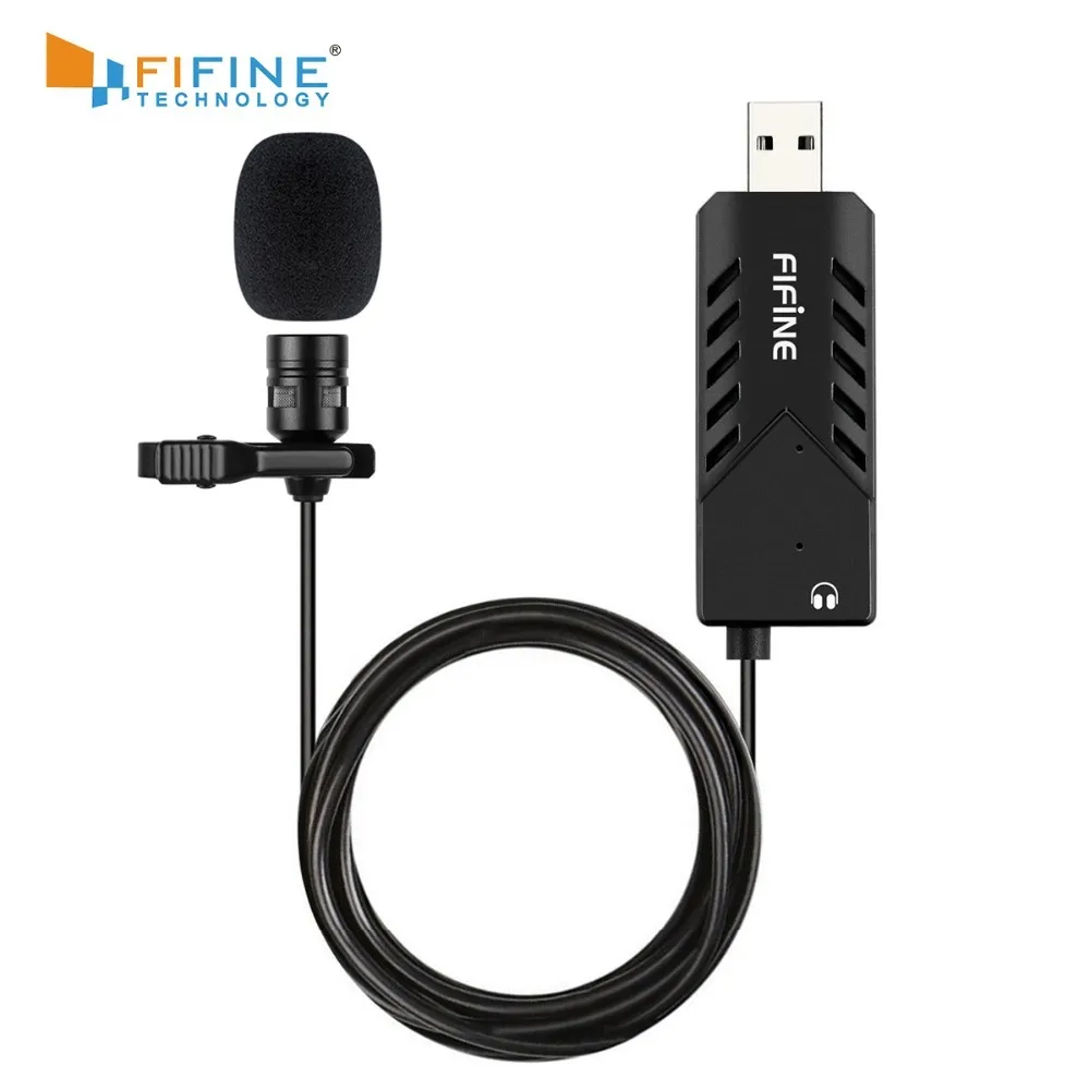 FIFINE Lavalier Clip-on Cardioid Condenser Computer mic plug play USB Microphone With Sound Card PC and Mac -K053