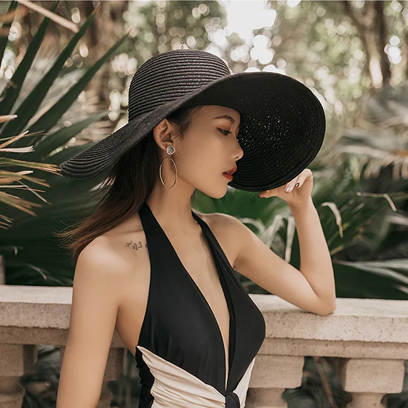 Women Fashion Simple Straw Hat Summer Outdoor Sun Protection Cap Vacation Beach Foldable Caps Solid Color Wide Brim Hats