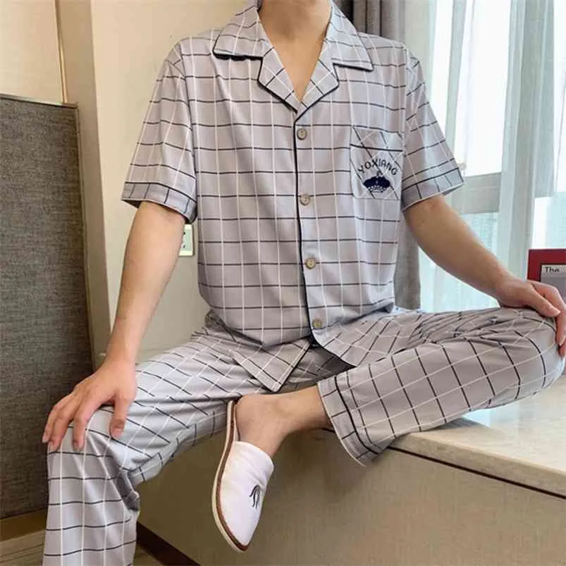 Mężczyźni T Shirt Bawełniany Piżama Zestaw 4XL Sleepwear Sexy Męskie Kołnierz Kołnierz Tshirts + Spodnie Marka Krótki Rękaw Plaid Casual Dressuit 210901