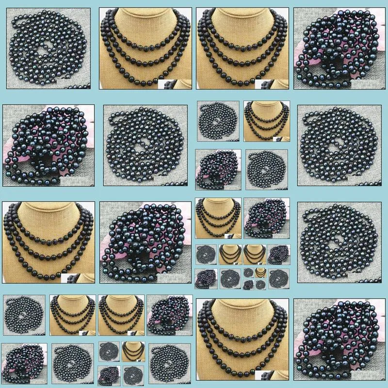 9-10mm Black Natural Pearl Beaded Necklace 48inch Women`s Gift Bridal Jewelry