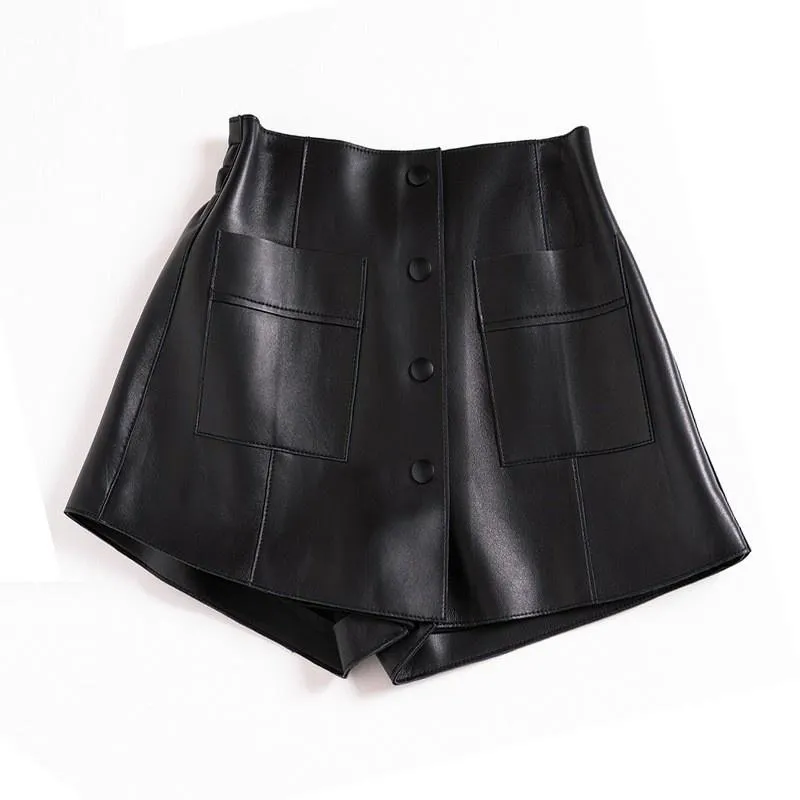 Women's Shorts Short Female Legitimate Leather, Elastic Skirt High Waist Wide Legs With Simple Pockets