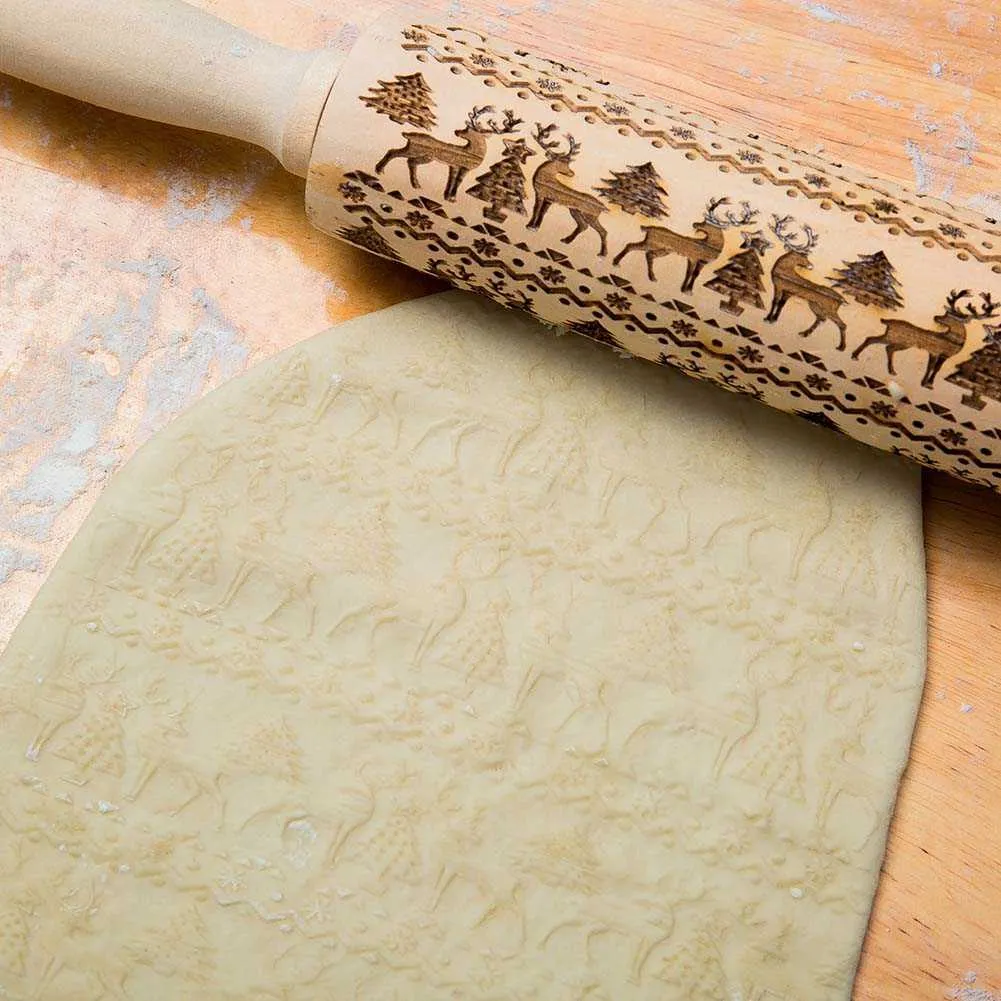 Rouleau à pâtisserie de Noël gravé en bois sculpté en relief rouleau à pâtisserie outil de cuisine DSS899 211008