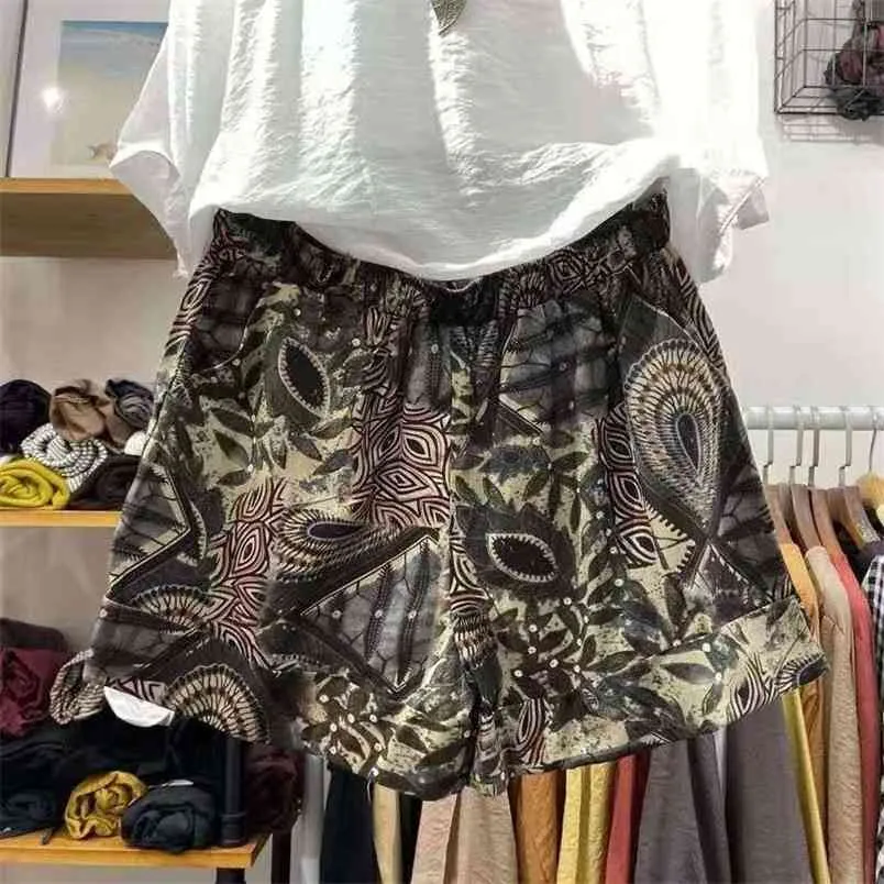 Ankomst Sommar Koreanska Stil Kvinnor Lös Casual Elastic Midja Harem All-Matched Byxor Plaid Print Bomull Linen Shorts W37 210512